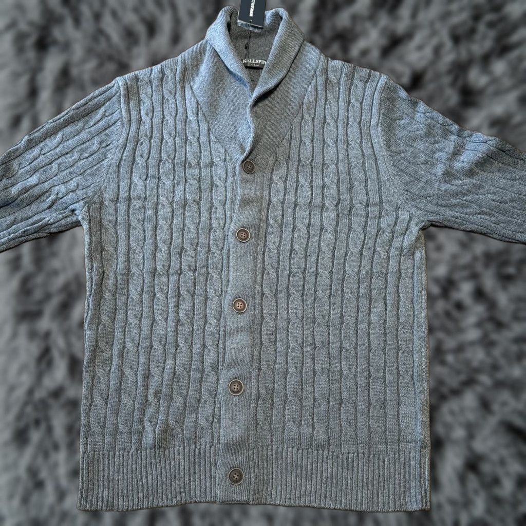 Vintage Kallspin Cardigan Sweater Mens Large Gray Fisherman Cable Knit Wool Blend New Size US L / EU 52-54 / 3 - 1 Thumbnail