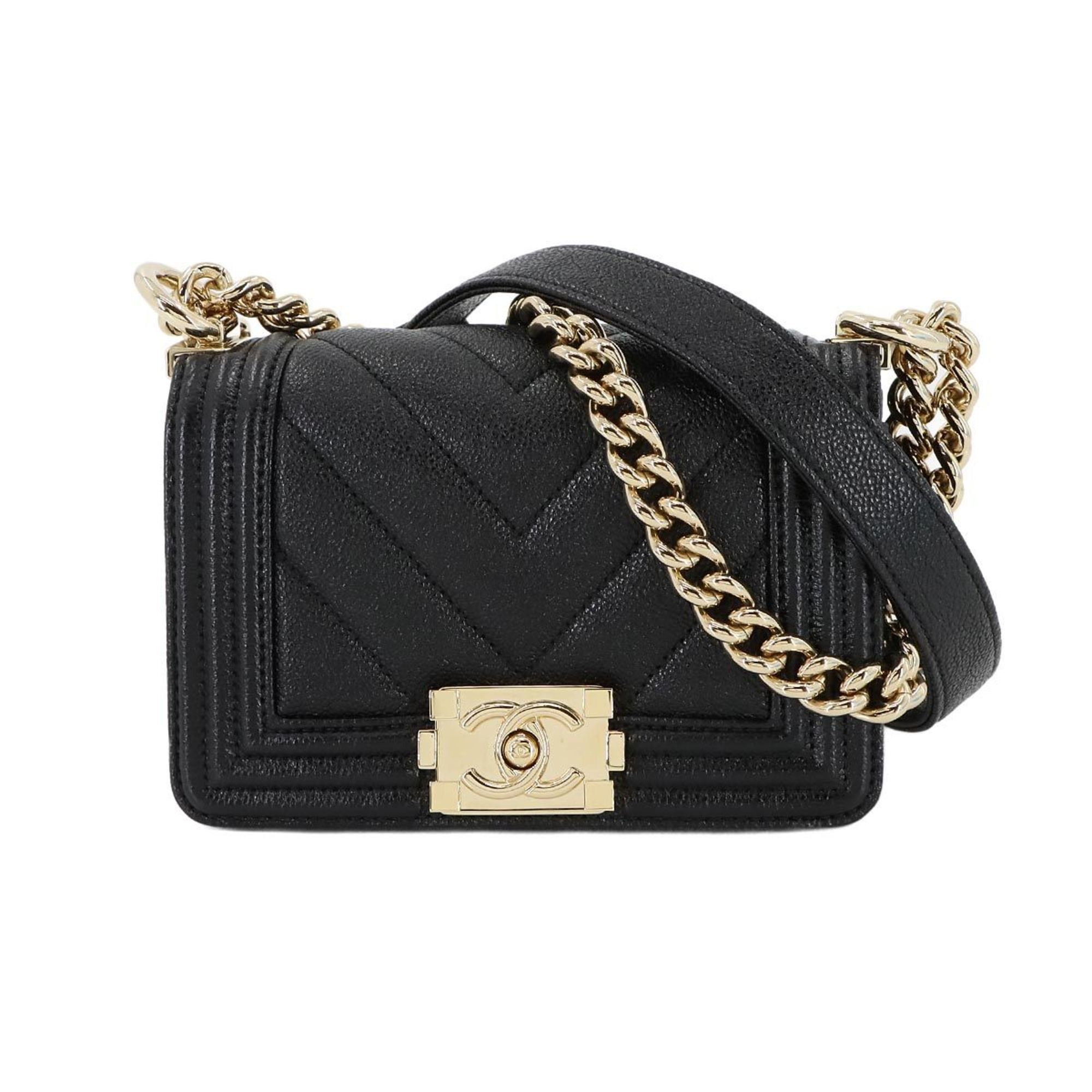 Chanel Boy Chanel Mini Chain Shoulder Bag Caviar Skin Black A67364 Gold Metal Fittings, Women's
