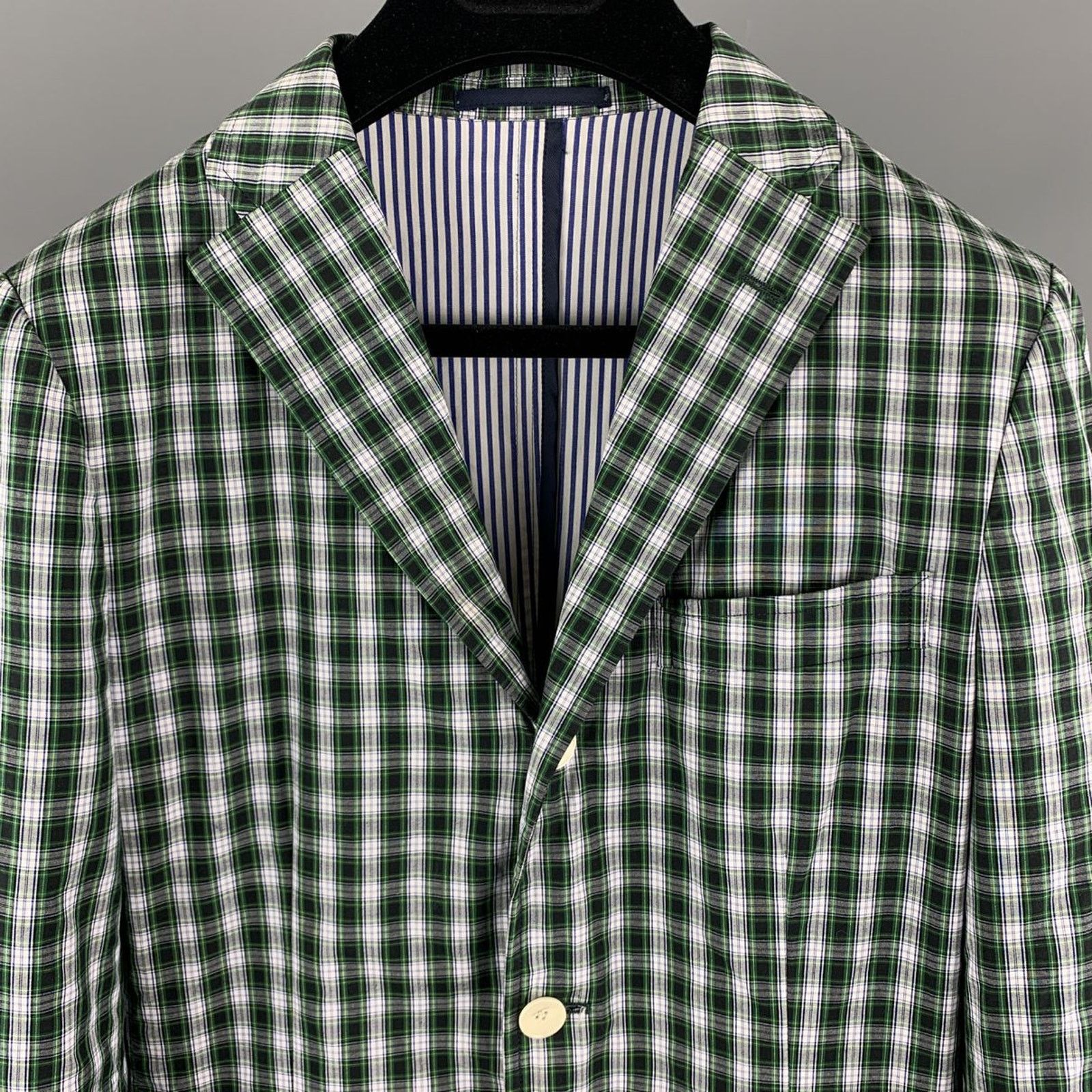 SHIPS Green Black & White Plaid Cotton Notch Lapel Sport Coat Size 34R - 2 Thumbnail