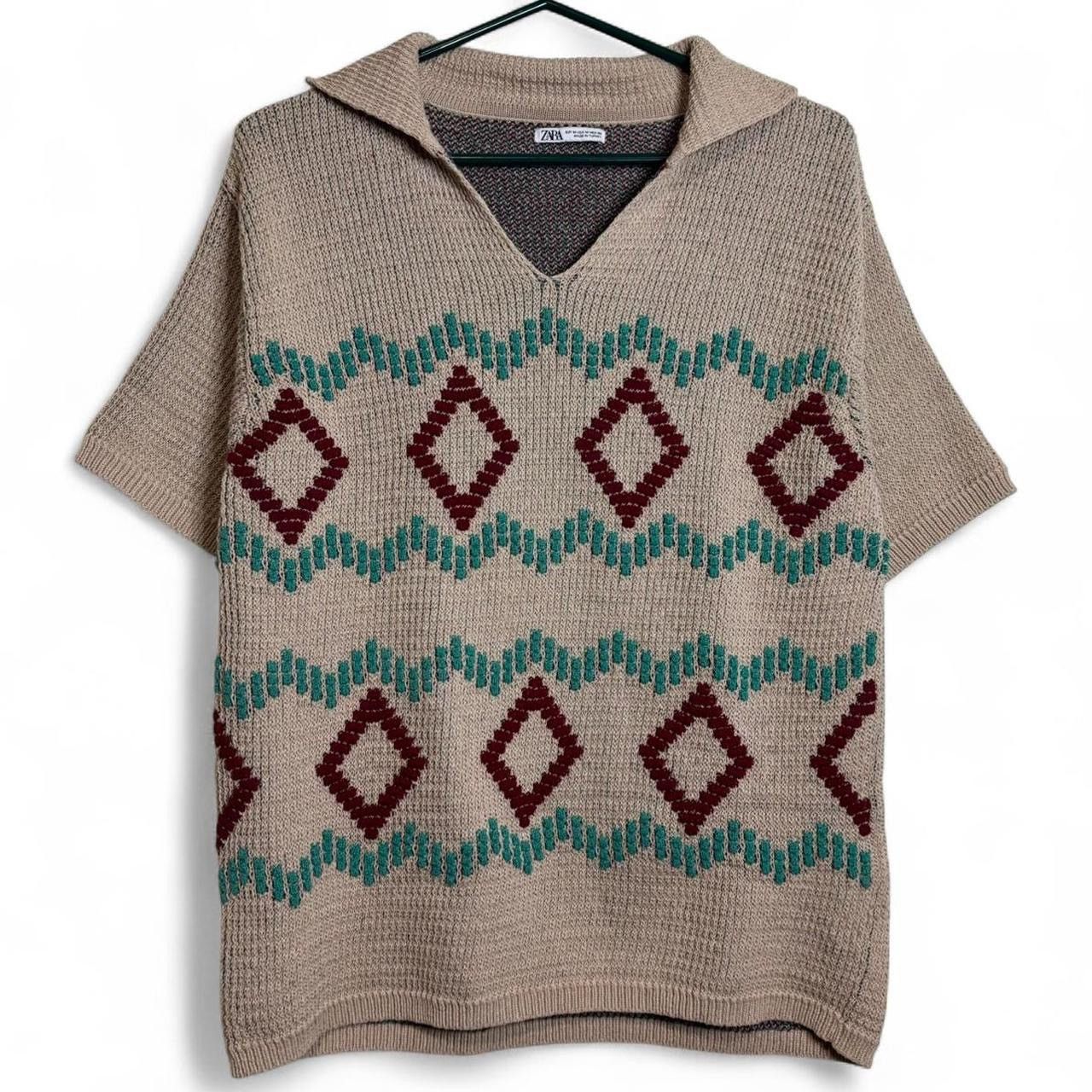 Zara Zara Beige Patterned Knit Polo Shirt - M Size US M / EU 48-50 / 2 - 1 Thumbnail