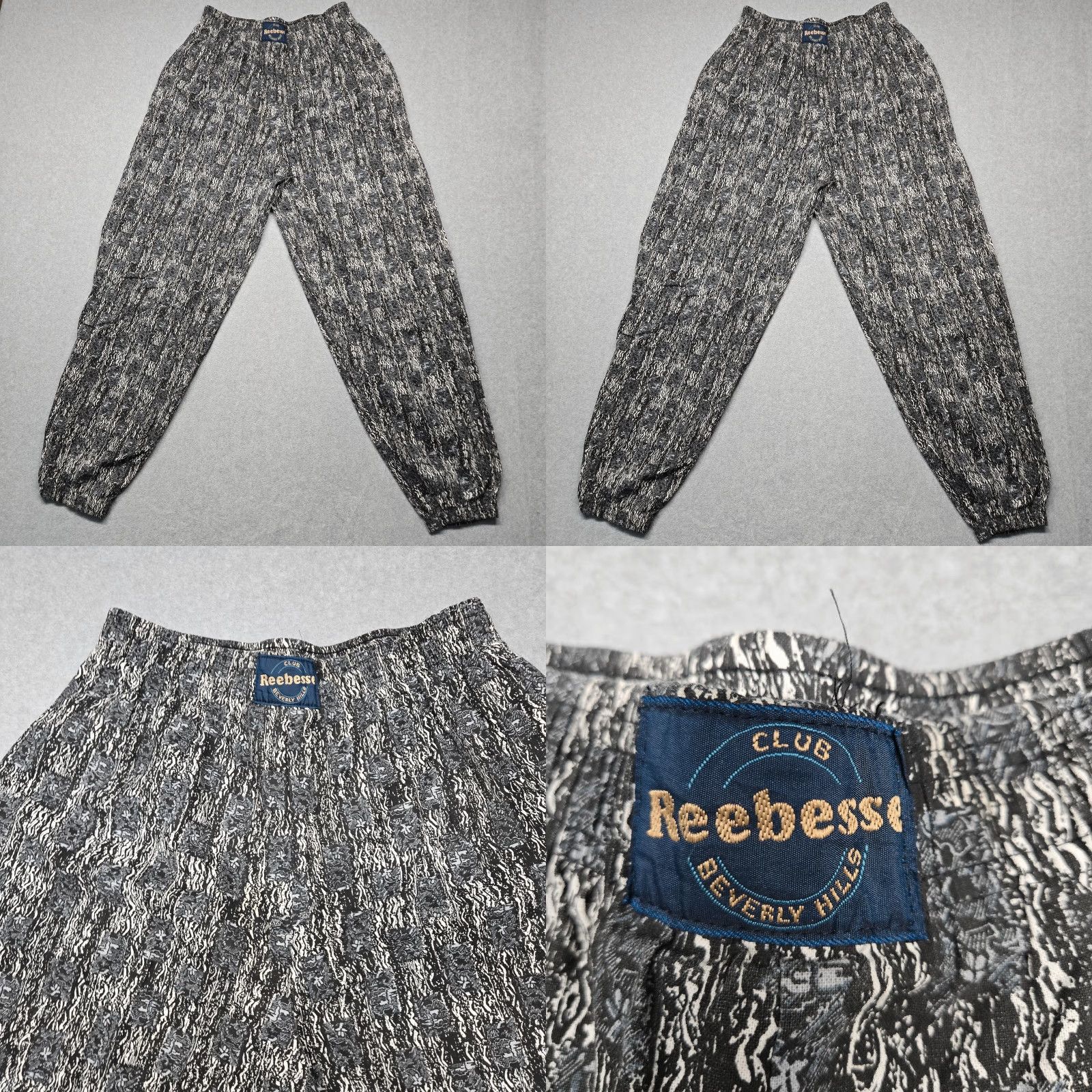 VINTAGE Reebesse Pants 33x29 Black Jogger Geometric Elastic Waist Pockets 90s Mens