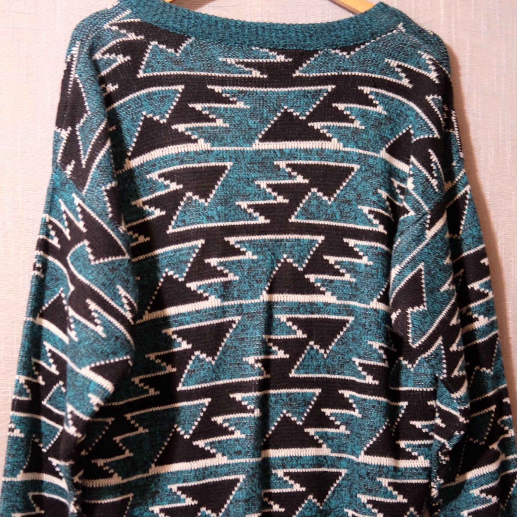 Vintage VINTAGE Le Tigre Cardigan Sweater Men's L Green/Black/White Geometric Knit Long Sleeve V-Neck 1980s/70s Oversized Retro Hipster USA Mens Size US L / EU 52-54 / 3 - 6 Thumbnail