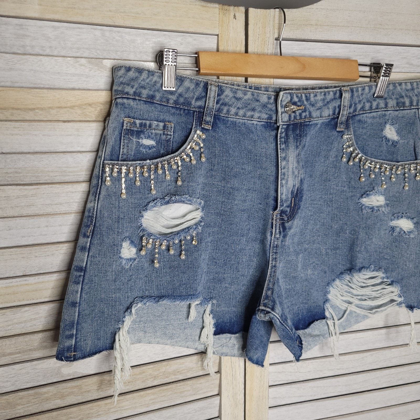 Other Denim Rhinsestone High Waist Shorts Size 16 Denim Cut Off Size 38" / US 16 / IT 52 - 5 Thumbnail