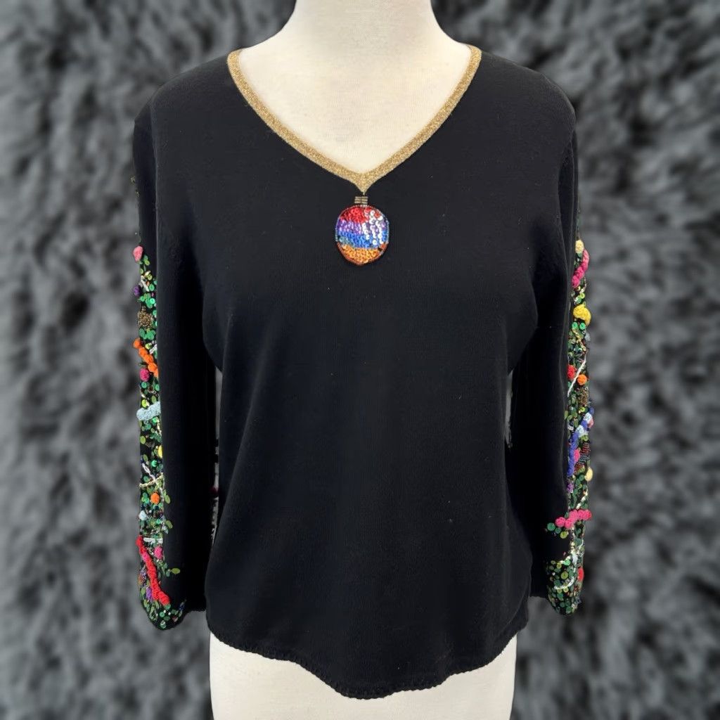 Simons VINTAGE Michael Simon Christmas Tree Sweater Women’s Medium Black Beaded Poms Pullover Size M / US 6-8 / IT 42-44 - 1 Thumbnail