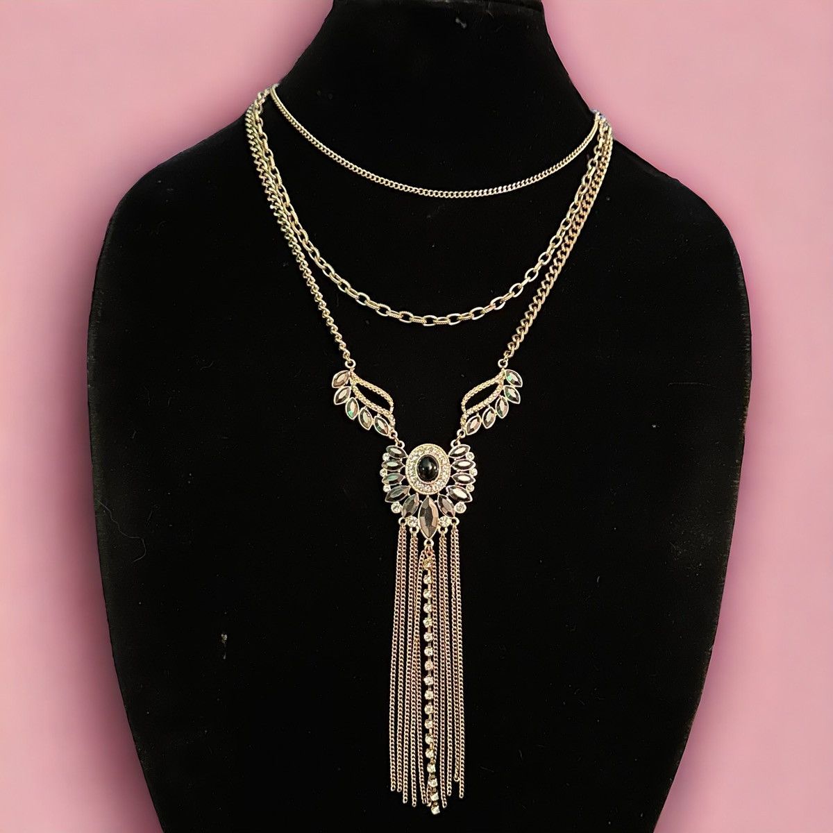 Other Triple strand layered black AB rhinestones tassel necklace Size ONE SIZE - 1 Thumbnail