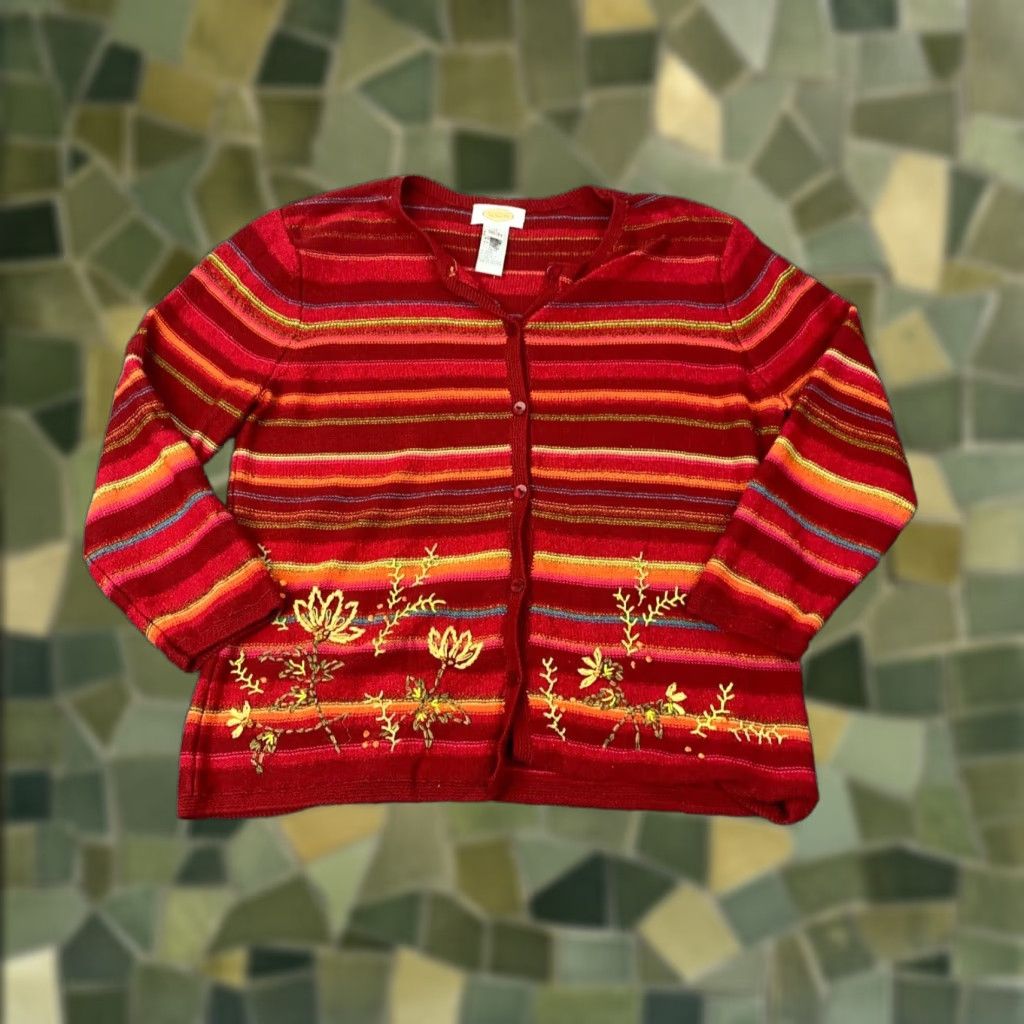 Talbots Talbots Cardigan Sweater Striped 3/4 Sleeve Red Flower Button Embroidered Cotton Ramie Rayon Women M Medium Adult Womens Fall Spring Winter Stock Size M / US 6-8 / IT 42-44 - 1 Thumbnail