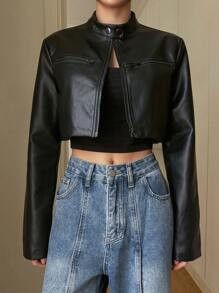 Other Women Black Cropped Real Cowhide Leather Jacket Size S / US 4 / IT 40 - 4 Thumbnail
