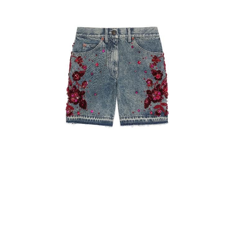Gucci o1la5ras0526 Denim Shorts With Floral Embroidery in Blue Size 24" / US 00 / IT 34 - 1 Thumbnail