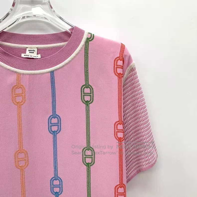 Hermes Hermes Pink Striped Pig Nose Print Silk Round Neck Short S Size XS / US 0-2 / IT 36-38 - 3 Thumbnail