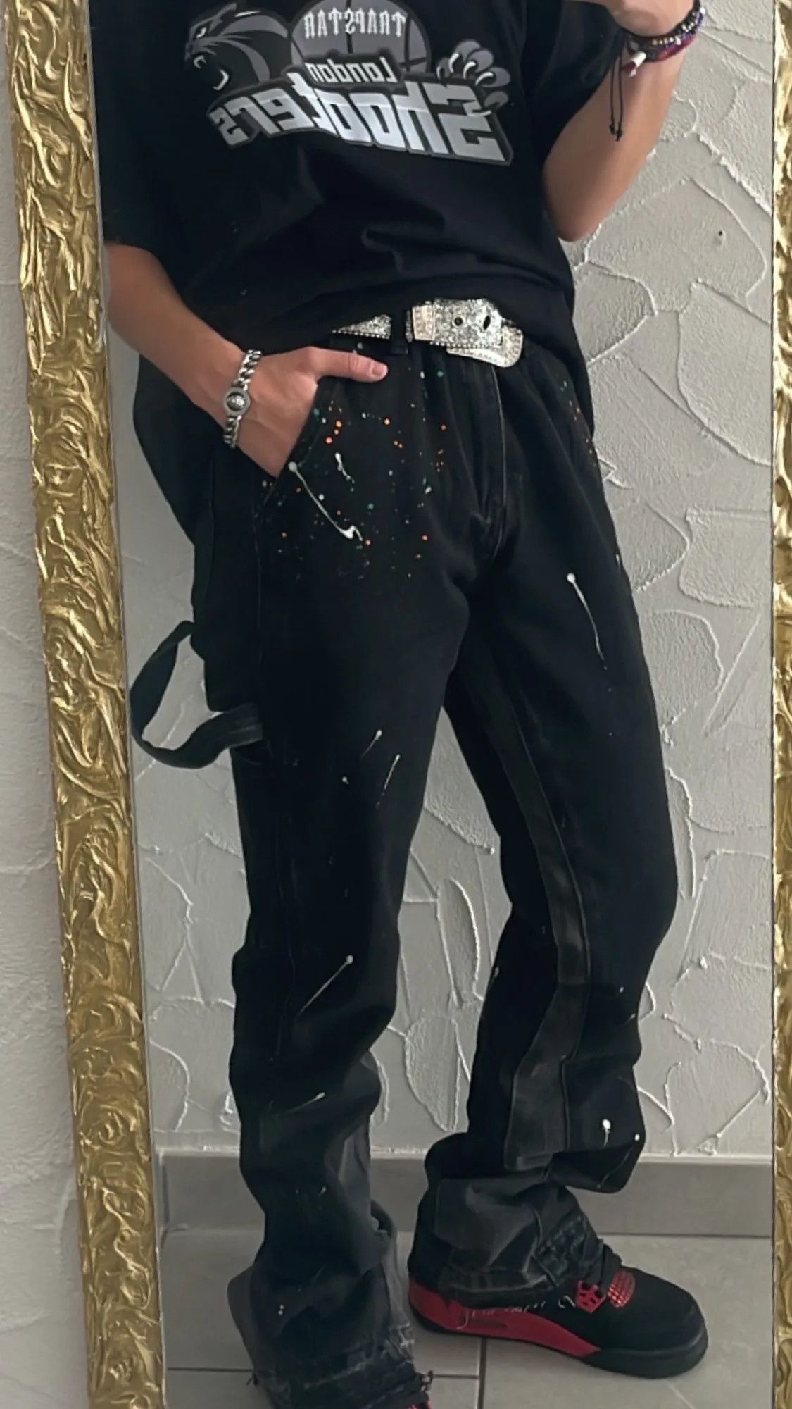 Flared Black Wide Leg Jeans Splashed Ink