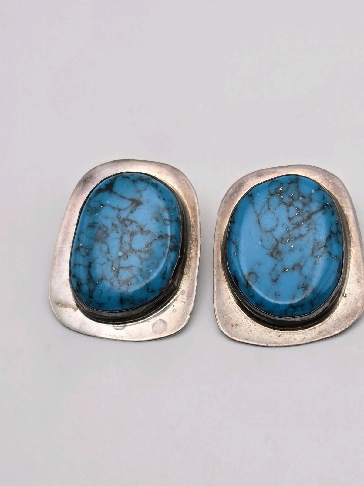 The Unbranded Brand Vintage Sterling Silver Earrings w Large Blue Turquoise Cabs Size ONE SIZE - 1 Thumbnail