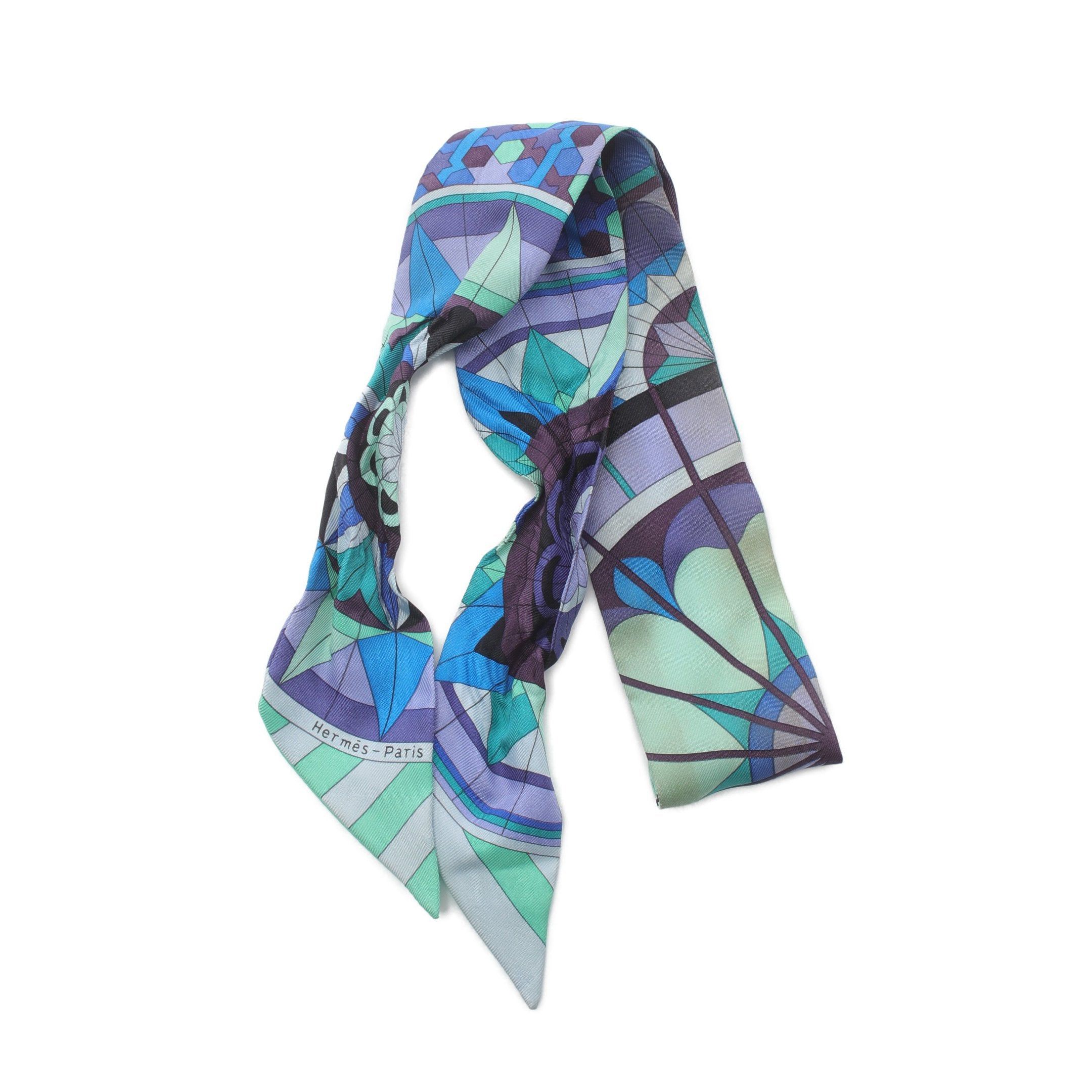 Hermes Hermes Twilly Rose De Compas Ribbon Scarf Silk Purple Multicolor Size ONE SIZE - 1 Thumbnail