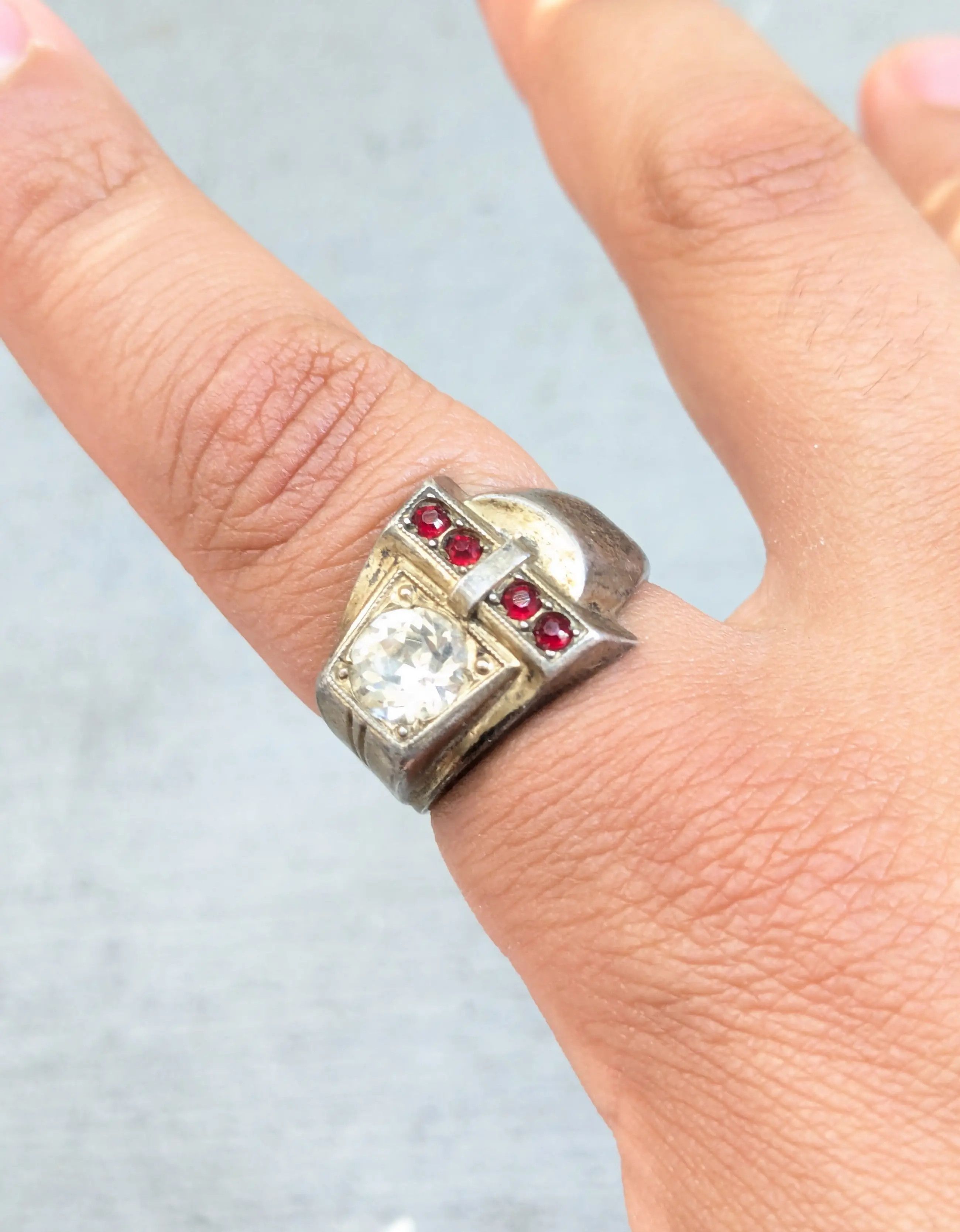 Sterling Silver Vintage Sterling Silver Ring 10.5 Glass Red Clear Theda Belt Size ONE SIZE - 10 Thumbnail