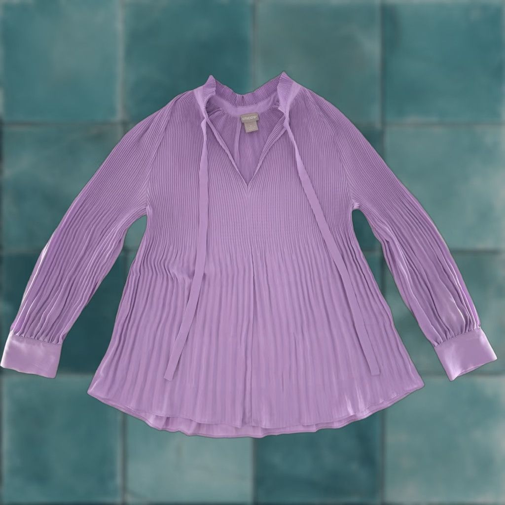 Vintage Chico's Purple Blouse Long Sleeve V-Neck Tie Buttoned Cuffs Pleated 1P Womens Office Dressy Top Size XS / US 0-2 / IT 36-38 - 1 Thumbnail