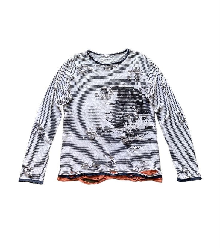 image of 14Th Addiction x Yasuyuki Ishii Distressed Poem Gothic Stripe Long Sleeve Tshirt in White (Size Med