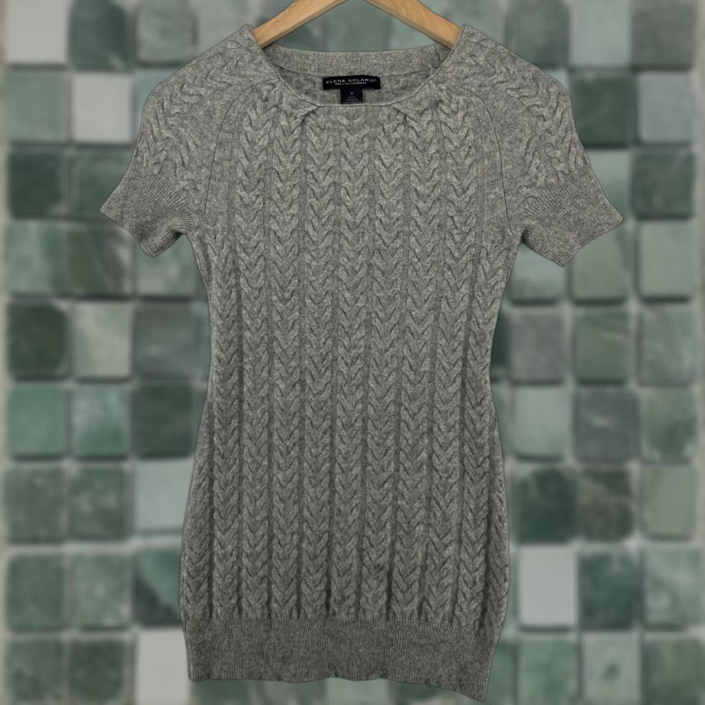 VINTAGE Elena Solano Cashmere Sweater Dress Short Sleeve Gray Women S  Classic Bodycon Fall Winter