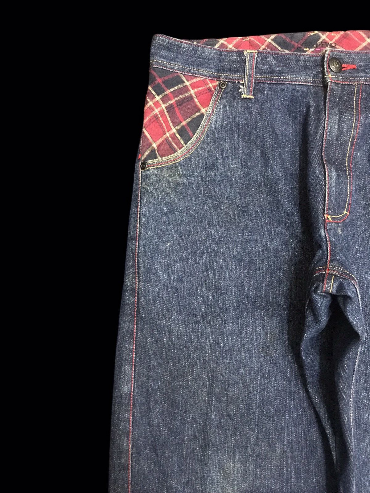 Japanese Brand 💥DENIM ART💥STONE HEAD Zipper Tartan Leg Denim F154 Size US 35 - 4 Thumbnail