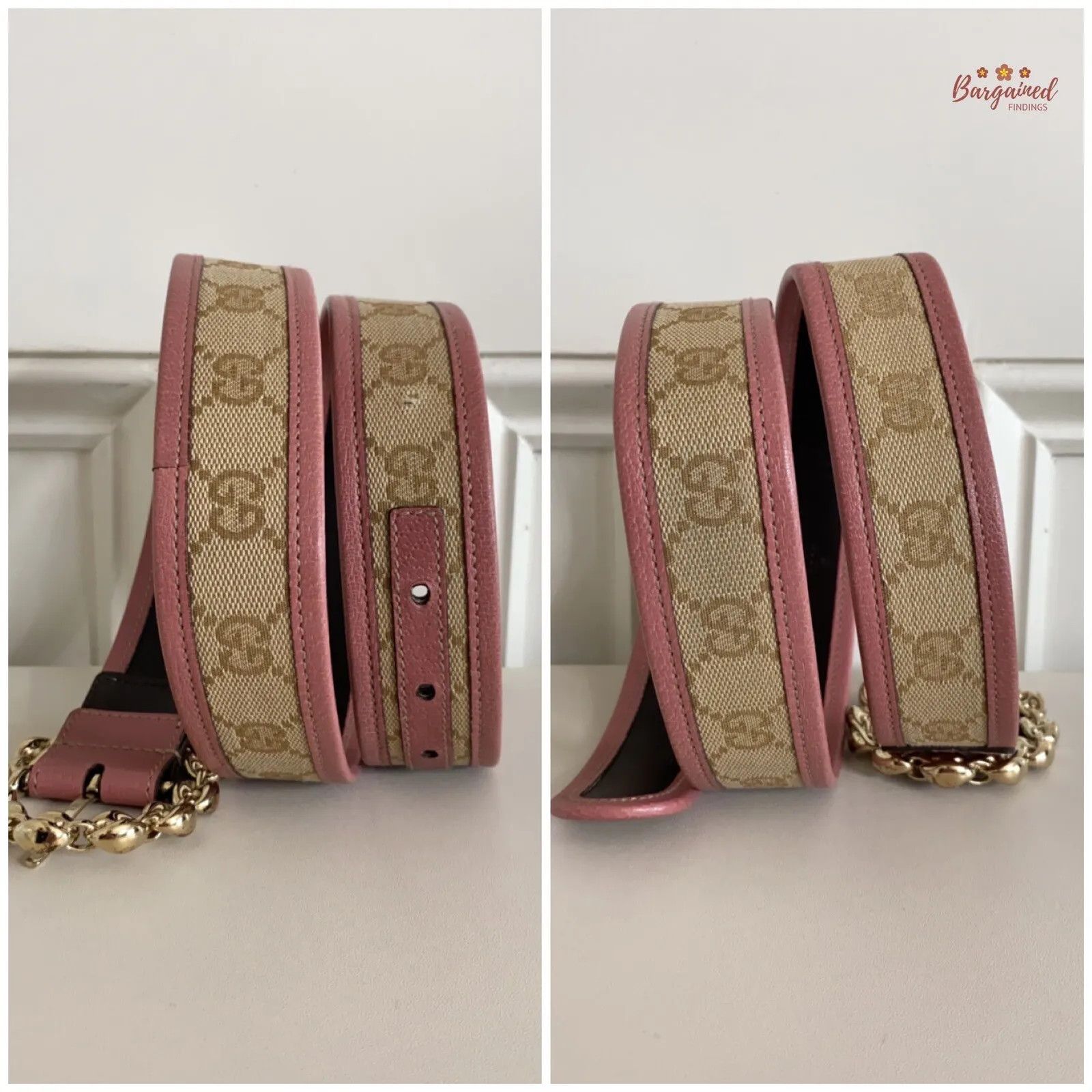 Gucci Gucci Pink Monogram Canvas Leather Gold Chain Buckle Belt Size ONE SIZE - 3 Thumbnail