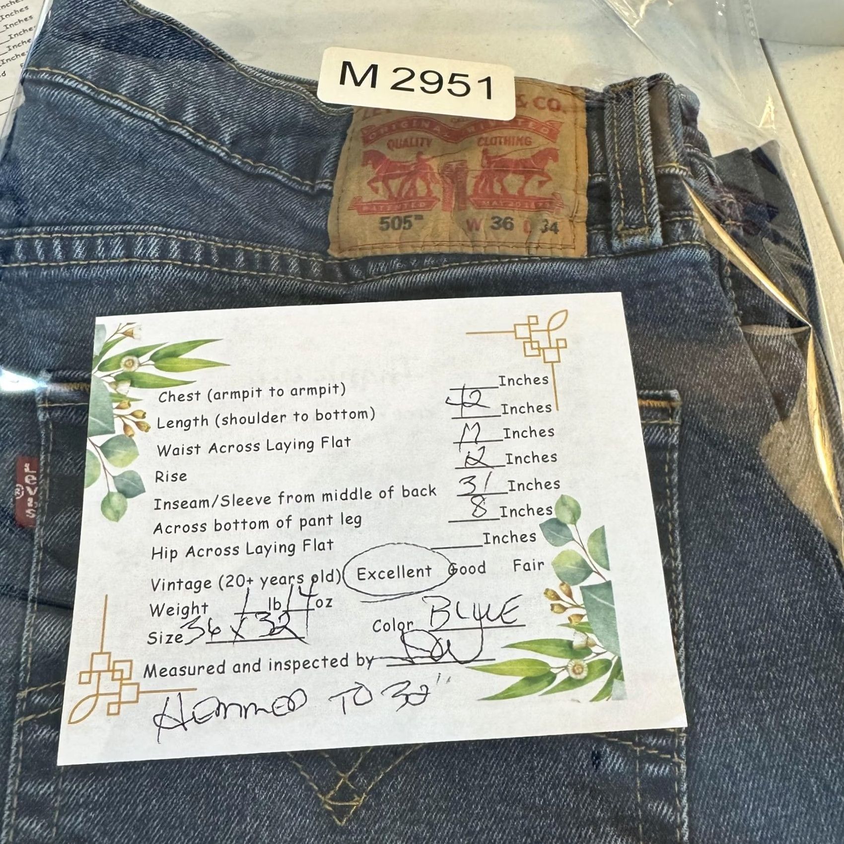 Levi's VINTAGE Levis 505 Jeans Mens 36x30 Blue Straight Leg Medium Wash Stretch Denim Zip Fly Size US 36 / EU 52 - 8 Thumbnail