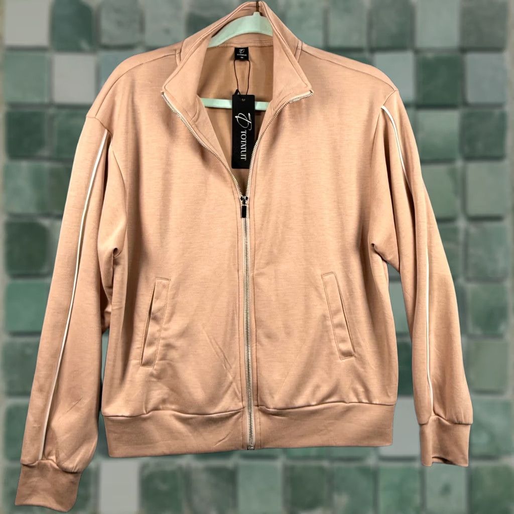 Vintage Totatuit Mens M Tan Full Zip Track Jacket Mock Neck Contrast Piping NWT Size US M / EU 48-50 / 2 - 1 Thumbnail