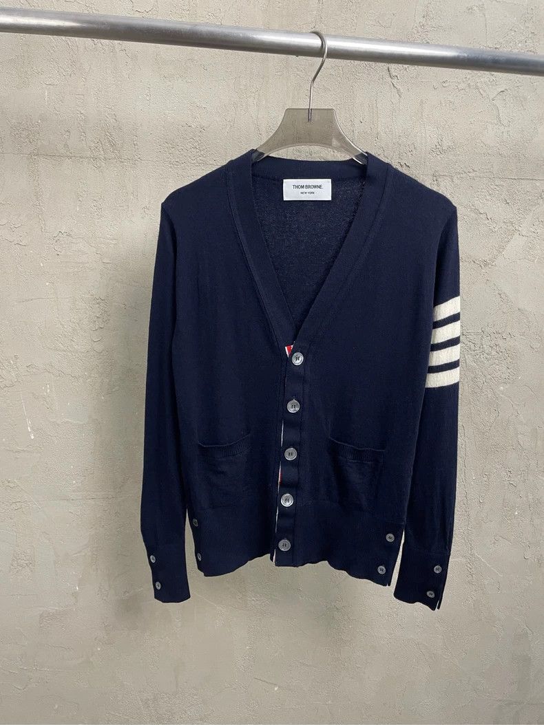 Thom Browne Thom browne Size 00 Dark blue four-striped wool cardigan j Size US XXS / EU 40 - 1 Thumbnail