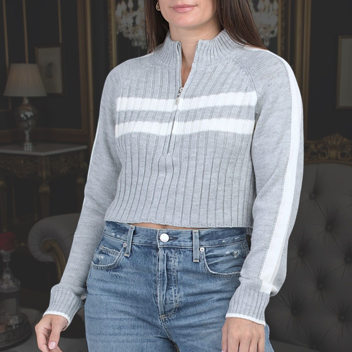 Other Cotton Emporium Women’s Gray White Zip Up Crop Sweater Sz L Size L / US 10 / IT 46 - 1 Thumbnail
