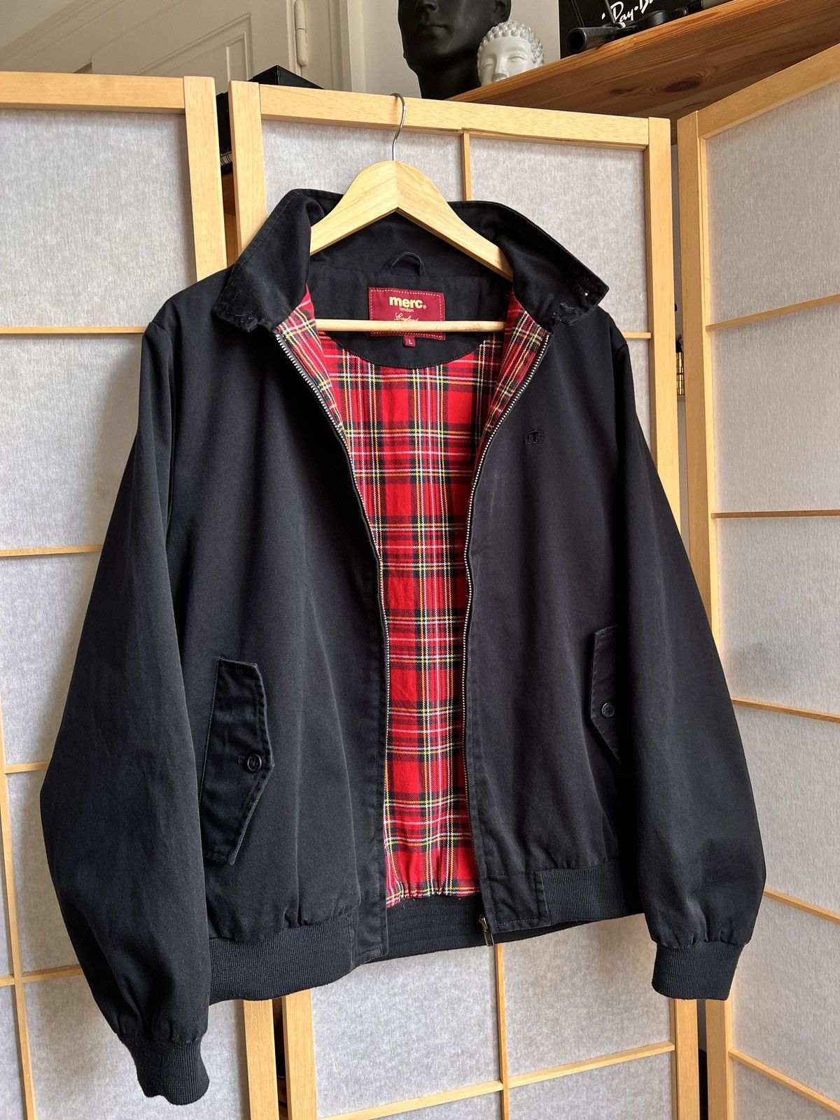 Black bomber jacket with red tartan inside shop