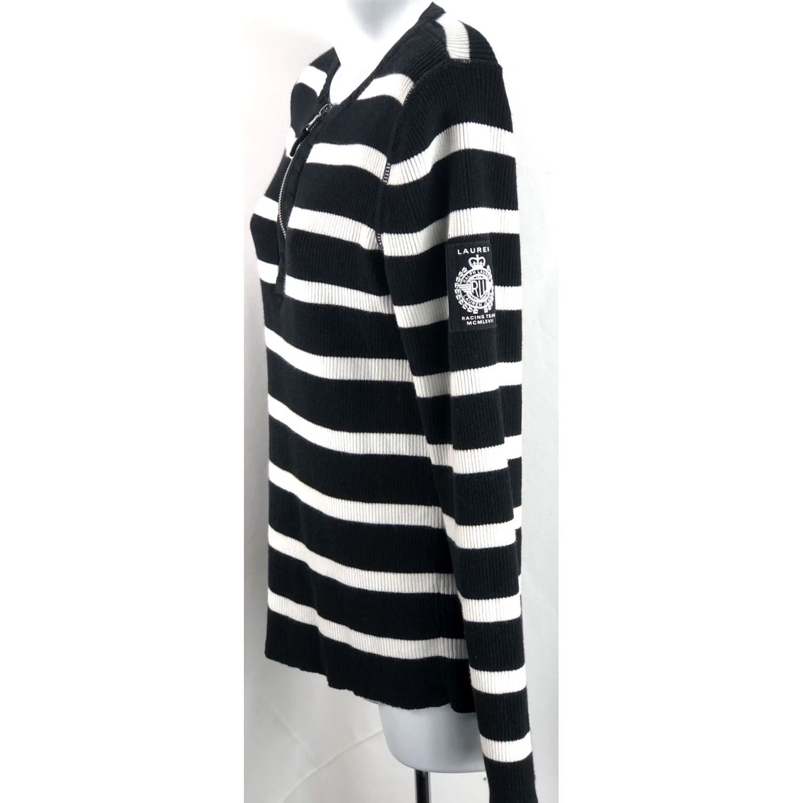 Ralph Lauren VINTAGE Ralph Lauren Sweater L Blk/Wht Stripe 1/2 Zip Henley Racing Team Patch Shirt Womens Size L / US 10 / IT 46 - 2 Thumbnail