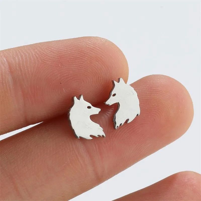 Jewelry Wolf Head Mini Stud Earrings Charm Earring Gift Size ONE SIZE - 1 Thumbnail