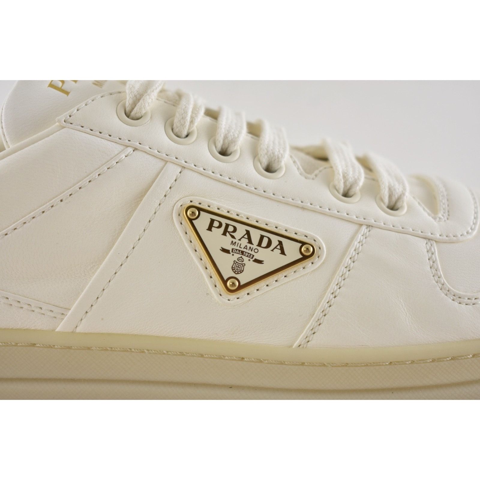 Prada Prada Downtown Leather Gold Logo Flat Low Top Sneaker 41 Size US 11 / IT 41 - 8 Thumbnail