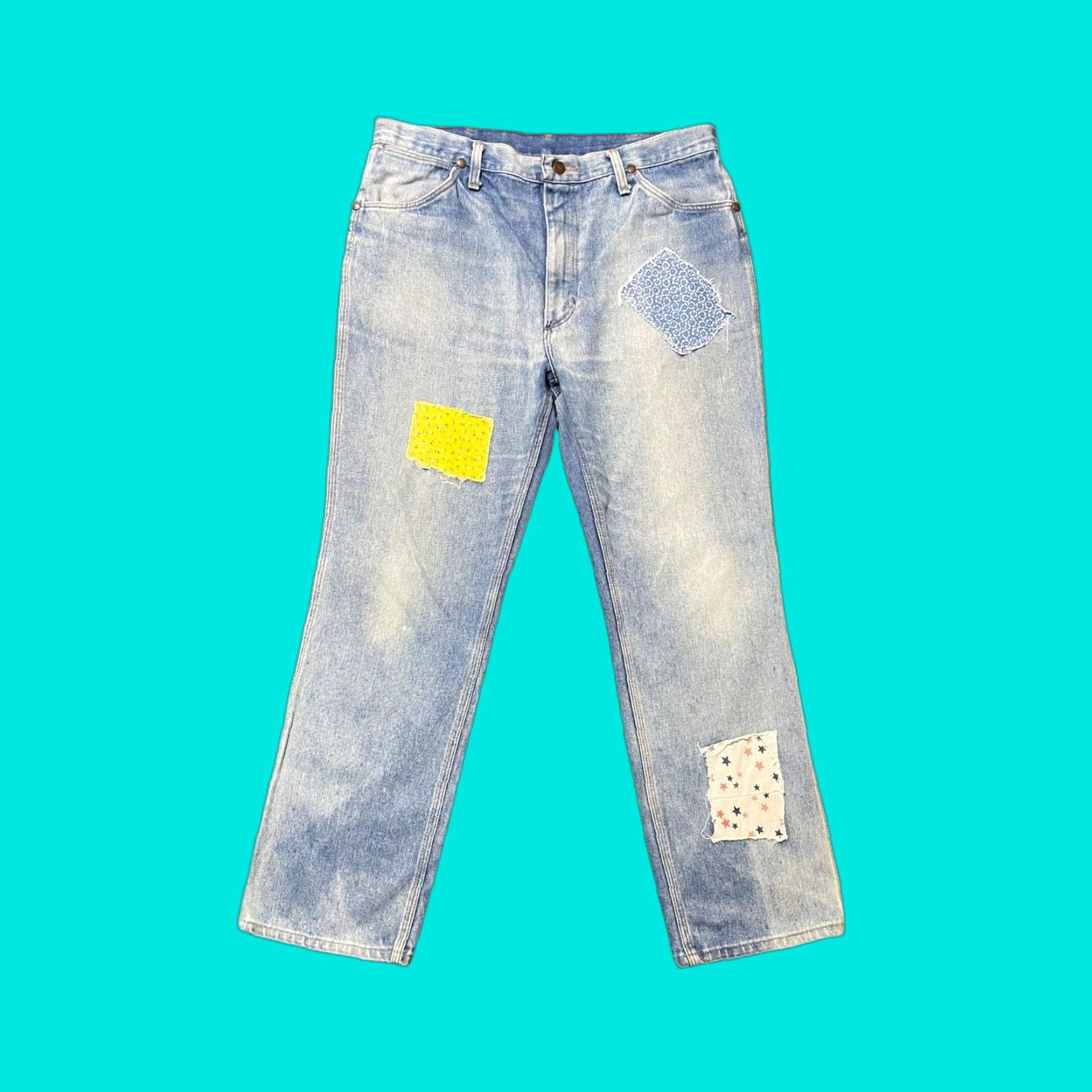 VINTAGE Wrangler Jeans Repaired USA Made 36x29 Denim Mel Blue Regular Straight Mens Jeans