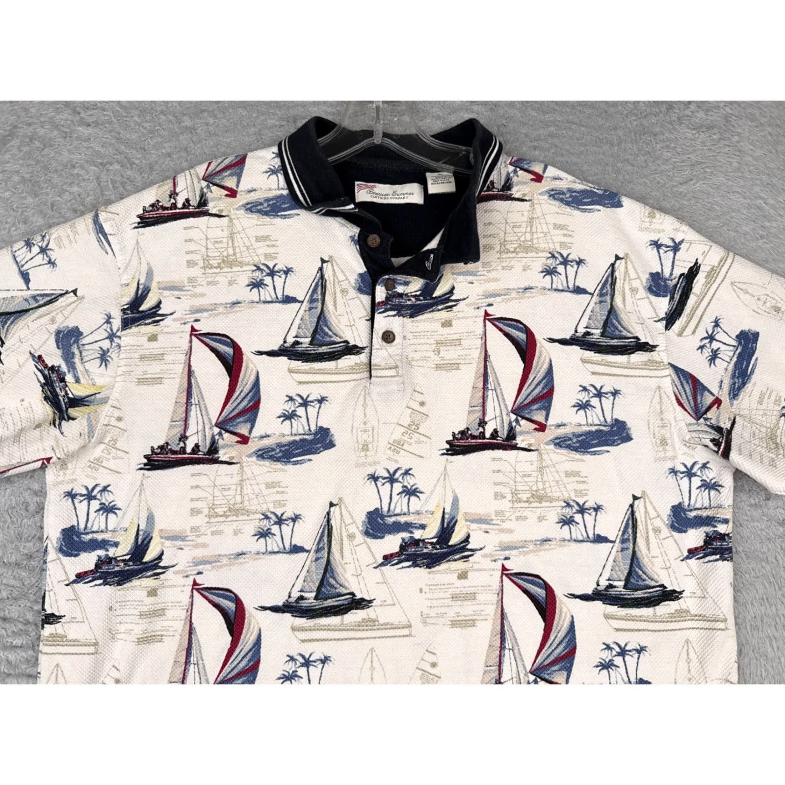 Vintage American Summer Polo Shirt Men XL White Cotton Sailboat Palm AOP Modern Sports Polo Shirt Mens XL White Cotton 100% Polo Shirt Size US XL / EU 56 / 4 - 4 Thumbnail