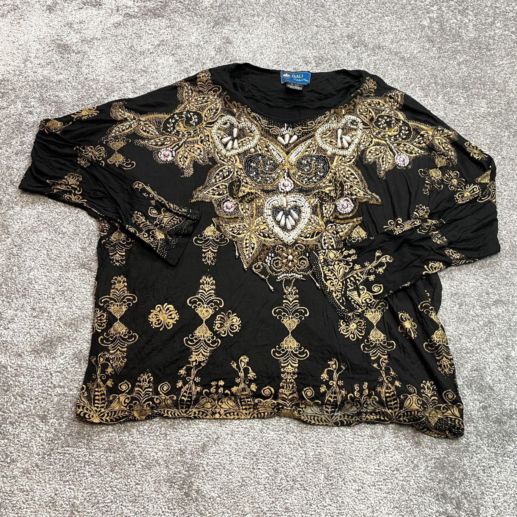 Vintage Bali Blouse Womens One Size Black Gold Beaded Shiny Hearts Soft Size ONE SIZE - 2 Thumbnail