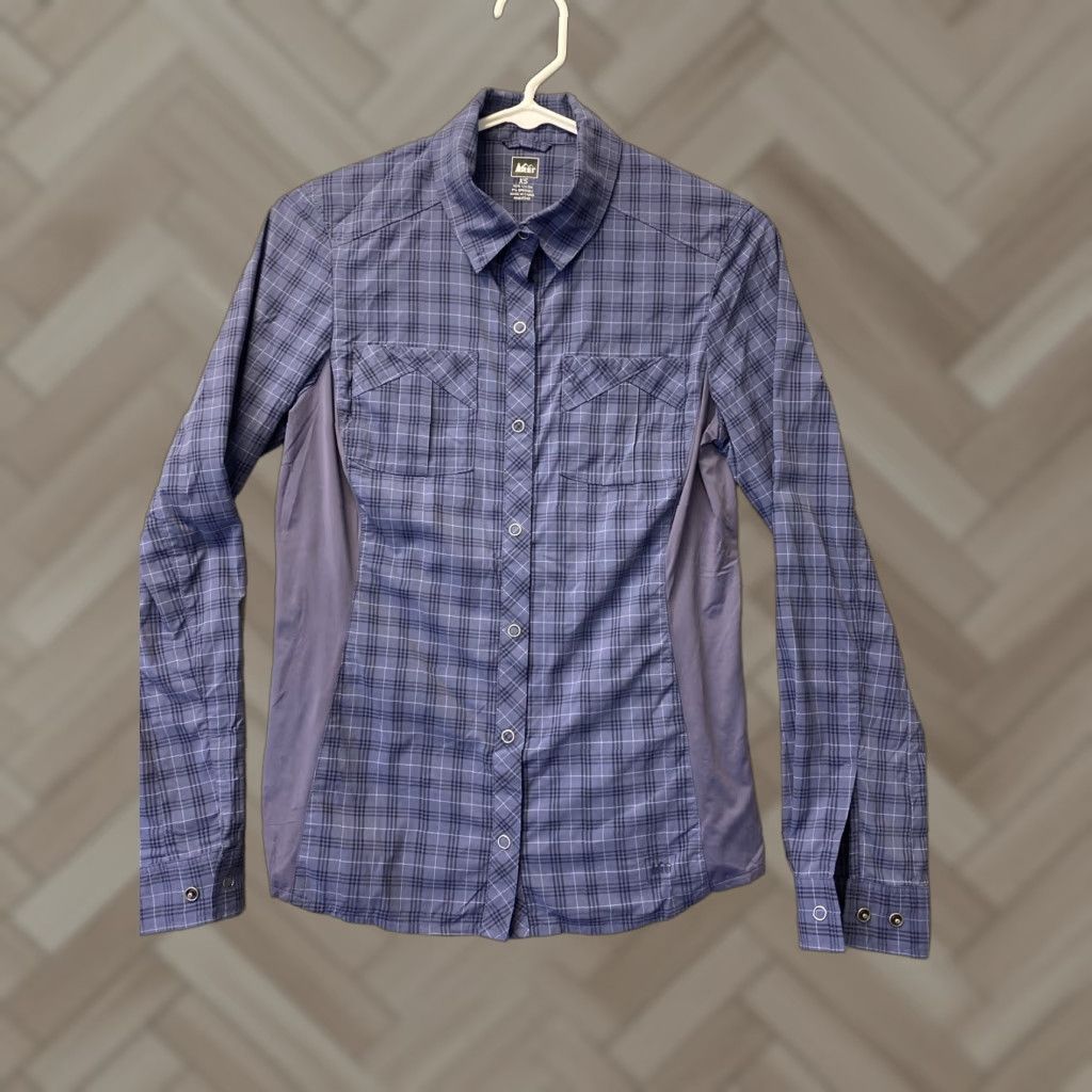 Vintage REI Shirt Womens XS Long Sleeve Pockets Button Front Casual Plaid 100-77 Lavender Blue Cotton Nylon Polyester Wool Knit Regulation Regular Cheap? Size XS / US 0-2 / IT 36-38 - 1 Thumbnail