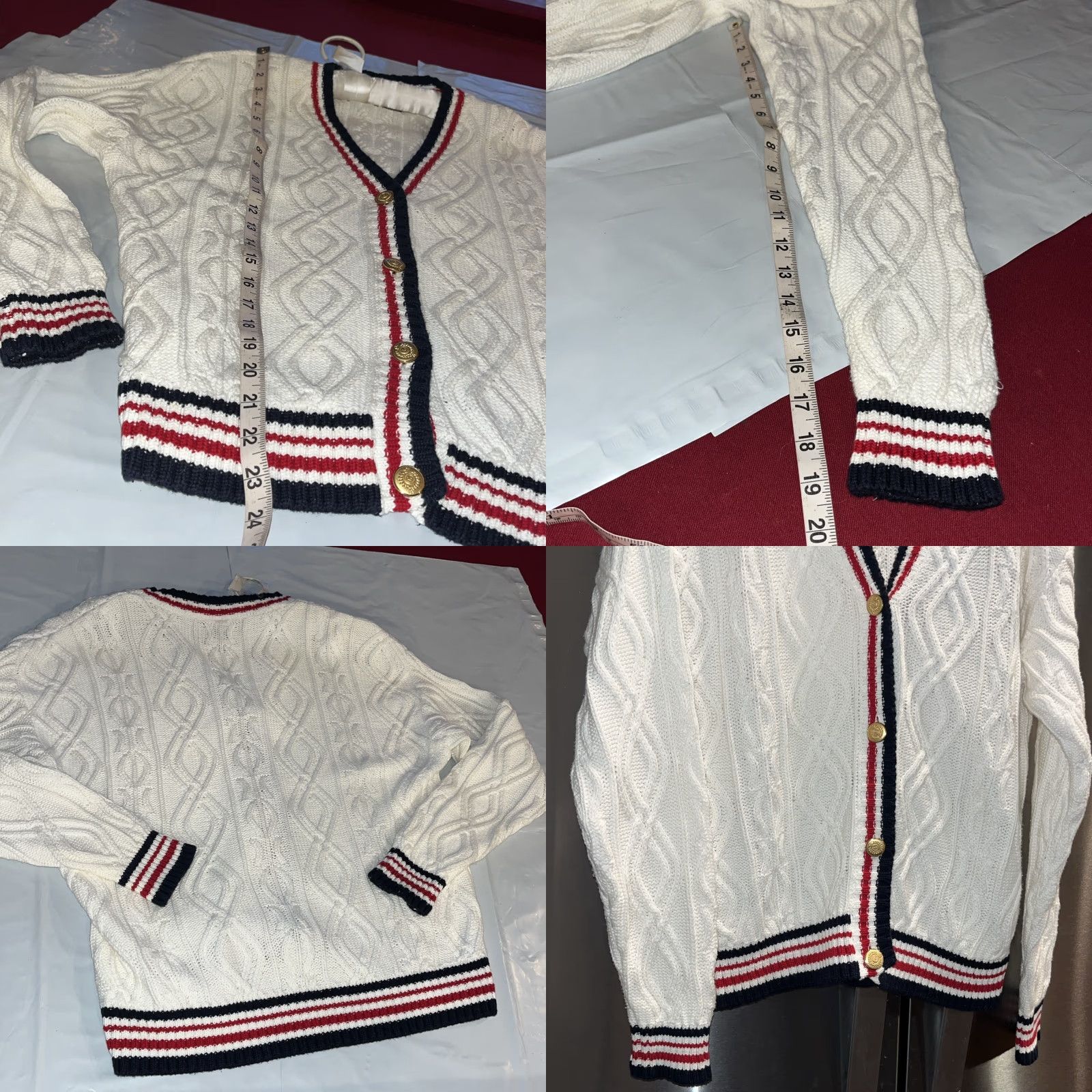 Vintage VINTAGE Lizsport Cardigan 90s KnIT Cable-V-Neck WhiteStripe Blue Red Gold Buttons Women Ps Petite Size S / US 4 / IT 40 - 10 Thumbnail