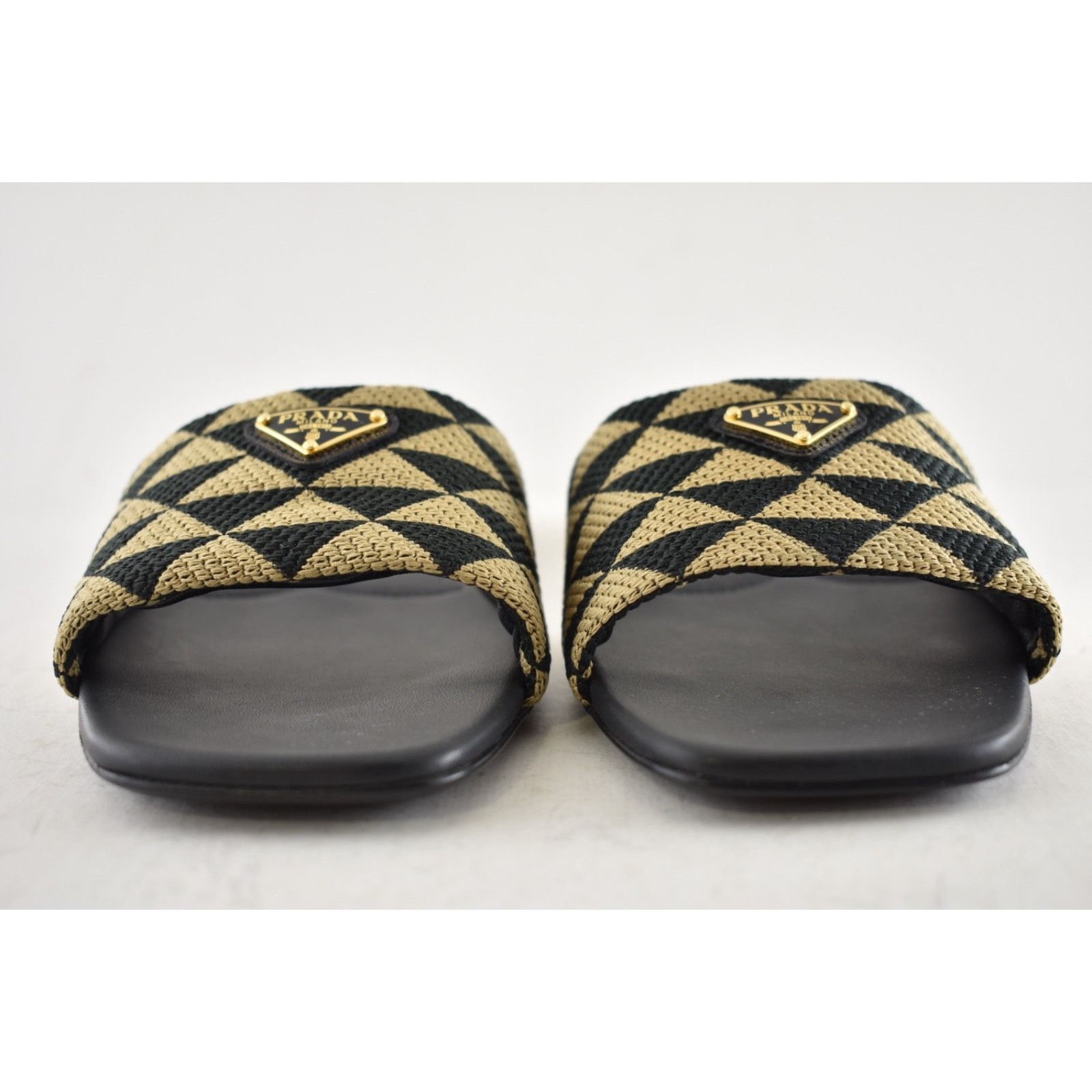 Prada Prada Jacquard Triangle Logo Black Beige Tan Leather Slide Size US 7.5 / IT 37.5 - 10 Thumbnail