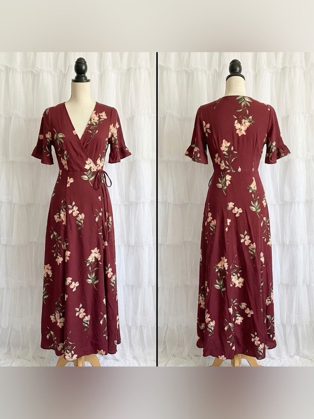 Lulus September Sunsets Burgundy Floral V-neck Wrap Maxi Dress Size S / US 4 / IT 40 - 4 Thumbnail