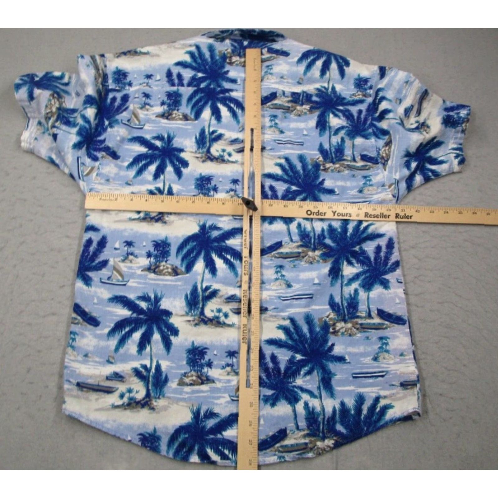Paradise Vintage Paradise of The Pacific Men's Blue Short Sleeve Button-Up Shirt – Geometric Tropical Boat Design, Made in USA, Size M Size US M / EU 48-50 / 2 - 5 Thumbnail