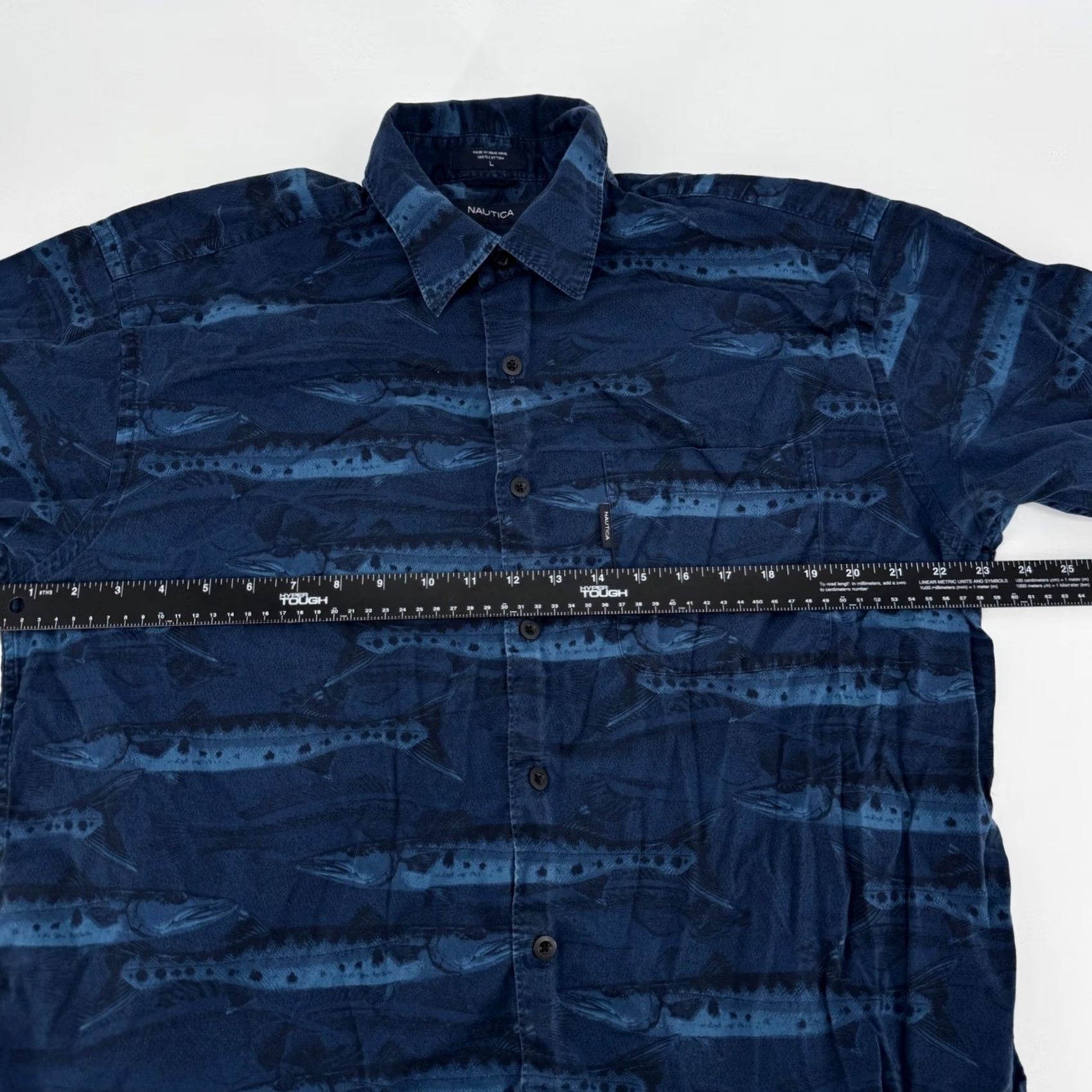 Nautica Vintage Nautica Shirt Short Sleeve Button-Down Blue Fish Print Mens Large Casual Summer Tropical Cotton Button-Up Theme: Tropical 90s Girls/Mens Size US L / EU 52-54 / 3 - 4 Thumbnail