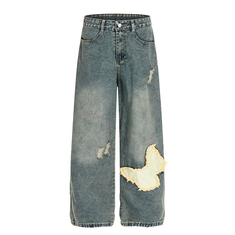Jean American retro distressed patchwork butterfly straight jeans Size US 32 / EU 48 - 1 Thumbnail
