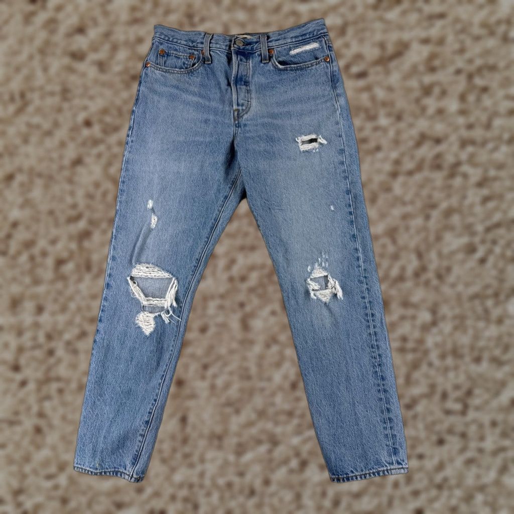 Levi's VINTAGE Levis Premium Jeans Women 29 Blue Denim Big E Wedgie Distressed Button Fly 28x27 Size 29" - 1 Thumbnail