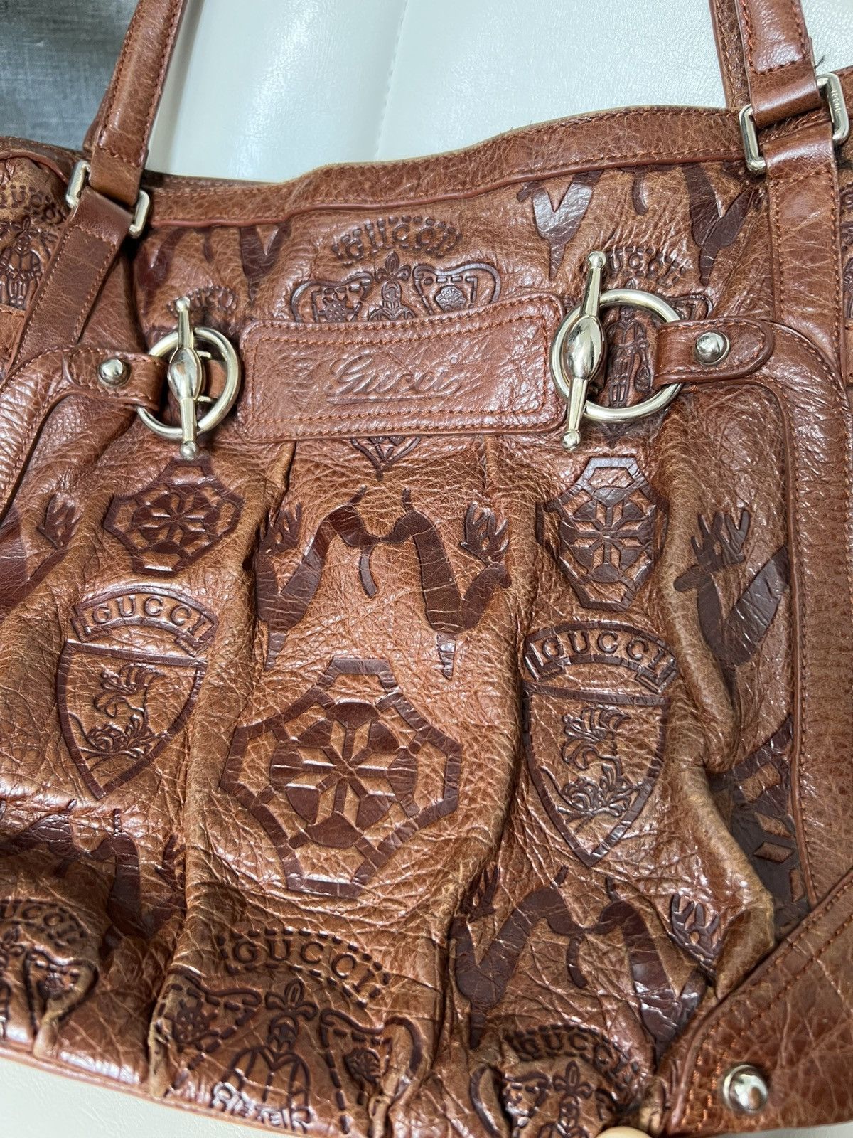 Gucci × Vintage Vintage Gucci Jockey Brown Embossed Leather Horsebit Bag Size ONE SIZE - 3 Thumbnail