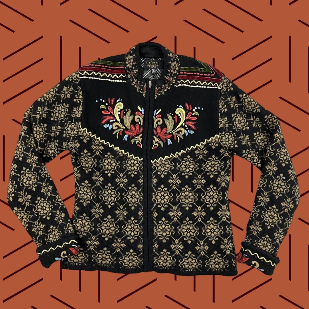 Vintage VINTAGE Icelandic Design Sweater Womens Medium Black Wool Floral Embroidered Zip Jacket Size M / US 6-8 / IT 42-44 - 1 Thumbnail