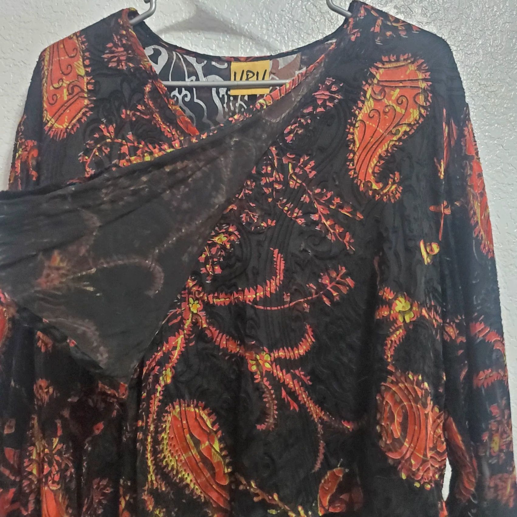 Vintage VINTAGE URU Top Women OS Black Layered Silk Blend Boho Paisley Burnout V-Neck Long Sleeve Boxy Relaxed Fit Pullover Size ONE SIZE - 6 Thumbnail