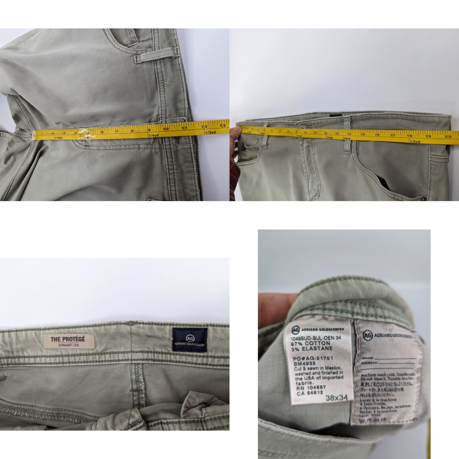 Vintage AG Adriano Goldschmied The Protege Straight Jeans Mens 40 Green 5-Pocket Regular Fit Denim Distressed Comfort Zipper Belt Loops Inseam 34 Size US 40 / EU 56 - 9 Thumbnail