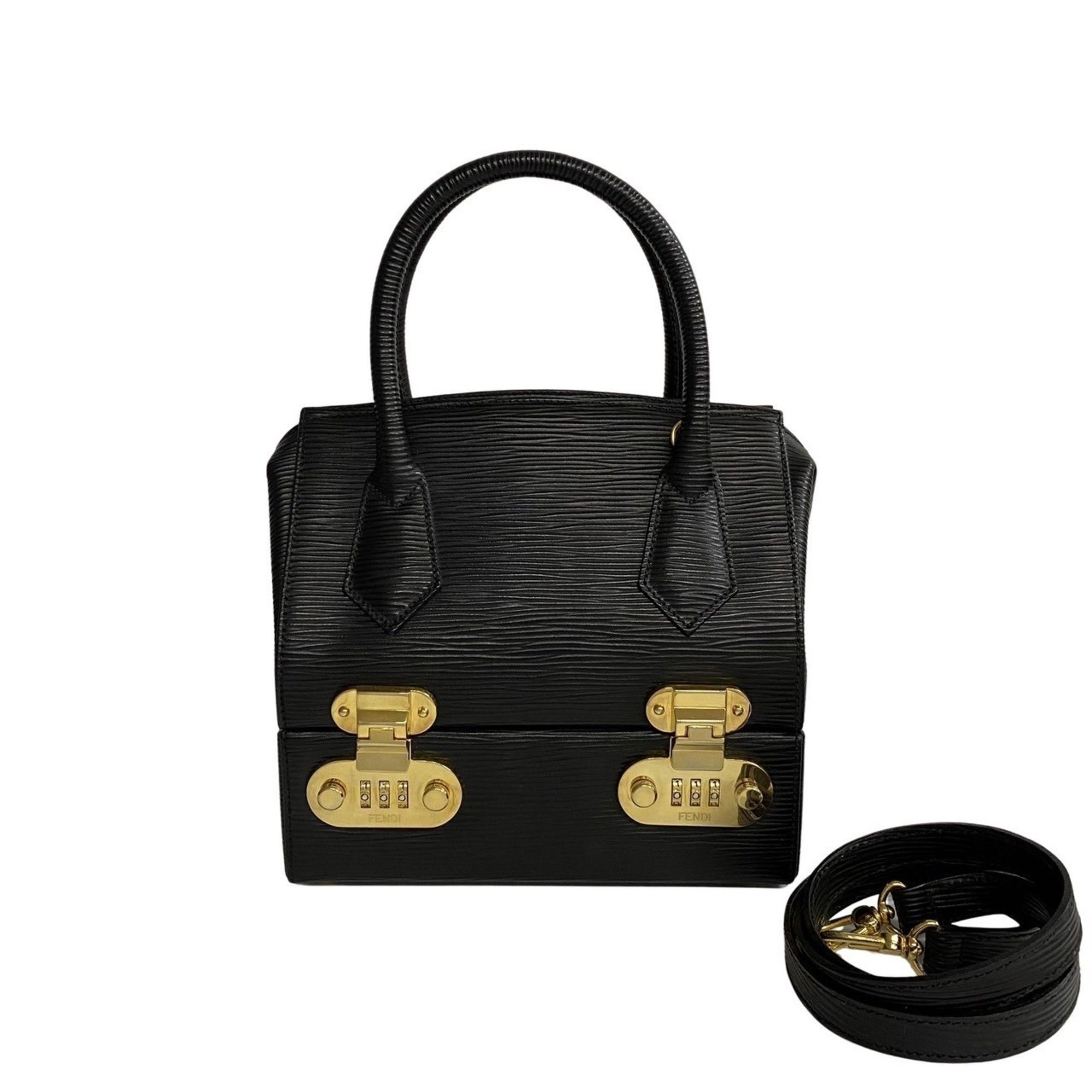 image of Fendi Logo Metal Fittings Epi Leather Genuine 2Way Handbag Vanity Bag Makeup Box Shoulder Black 257