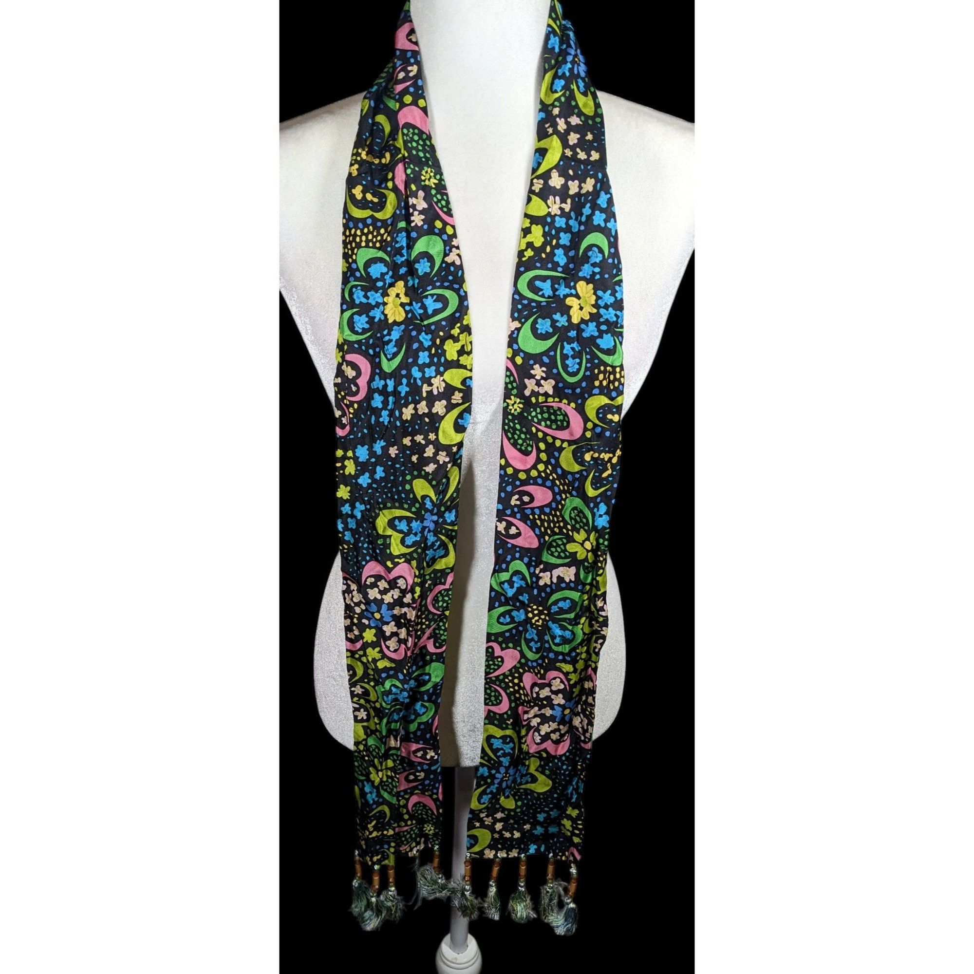 Talbots Talbots Retro Rainbow Floral Beaded Tassel Scarf Size ONE SIZE - 1 Thumbnail