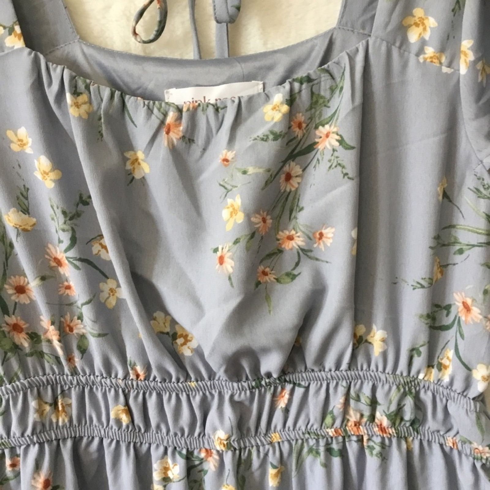 Other Pink Rose Blue Floral Smocked Waist Flutter Sleeve Dress Size L / US 10 / IT 46 - 3 Thumbnail