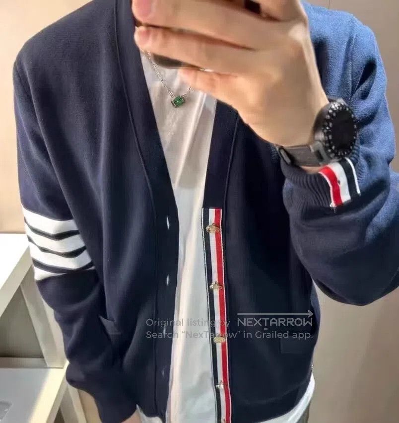 Thom Browne Thom Browne Dark blue classic four-bar cotton V-neck singl Size US XXL / EU 58 / 5 - 8 Thumbnail