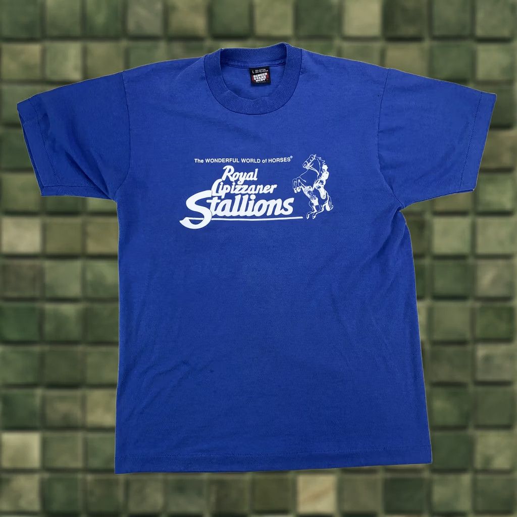 Vintage Vintage Screen Stars T-Shirt Blue L Short Sleeve Crew Neck Cotton Blend Unisex Adults Lipizzaner Stallions Graphic Stitch 80s 90s USA Mens Womens Size US L / EU 52-54 / 3 - 1 Thumbnail